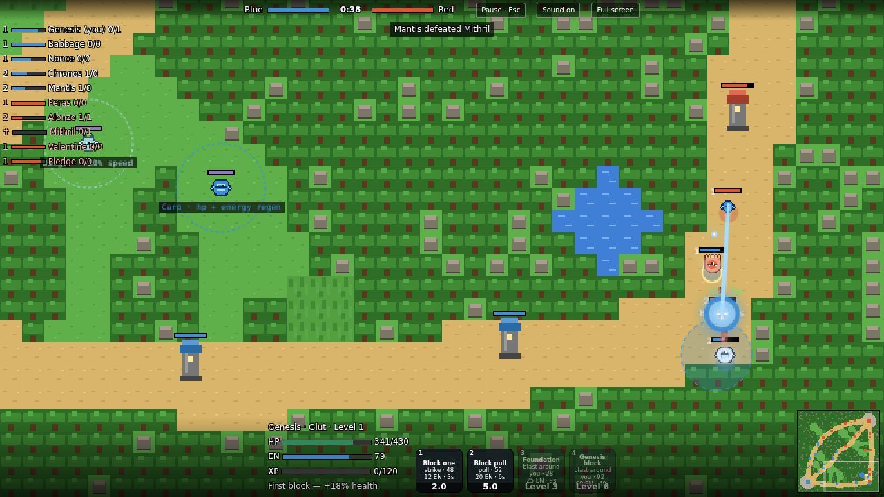 A lane fight in the Ticker Arena: monsters trade beams and blasts under the towers